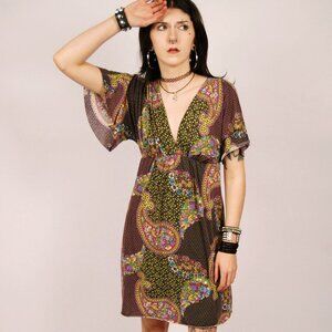 Y2K Paisley Dress (M) medium brown vintage mini plunge sundress diva cute boho